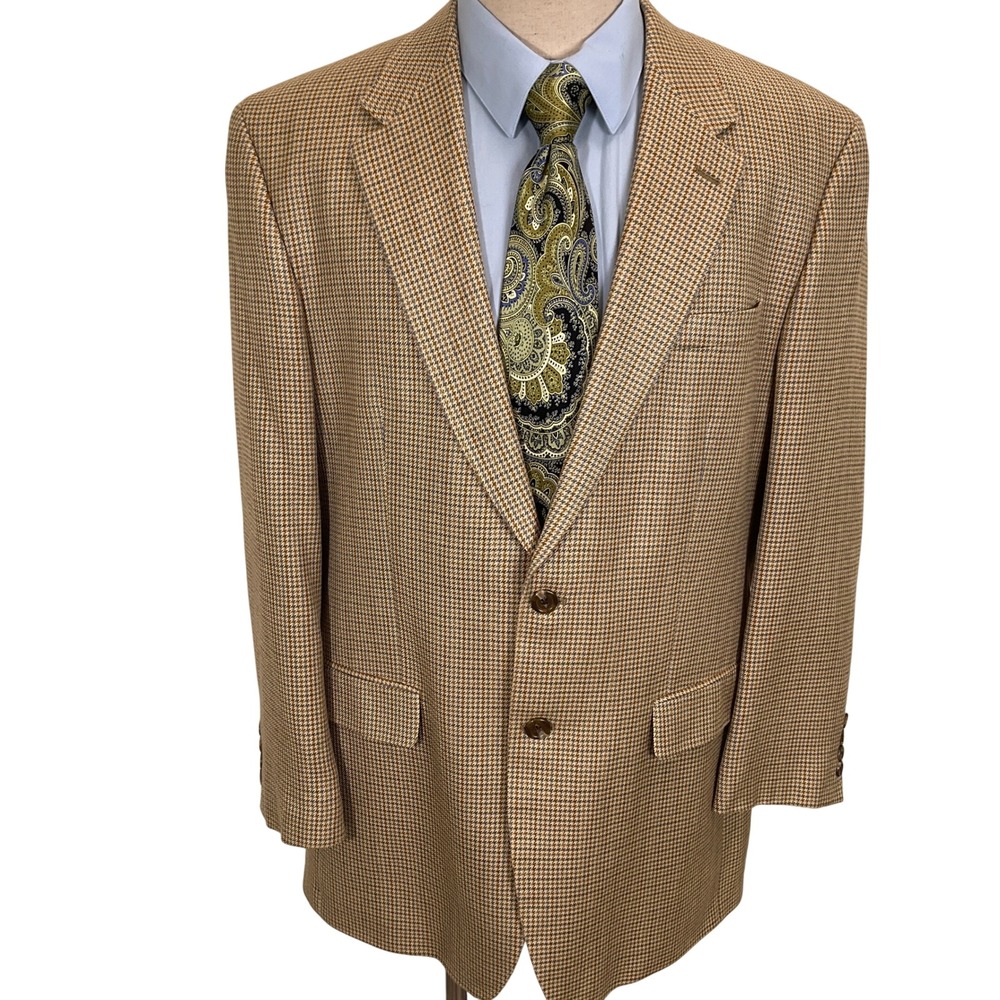 Chaps Blazer Mens 42L Brown Beige Houndstooth Silk Sport Coat Jacket